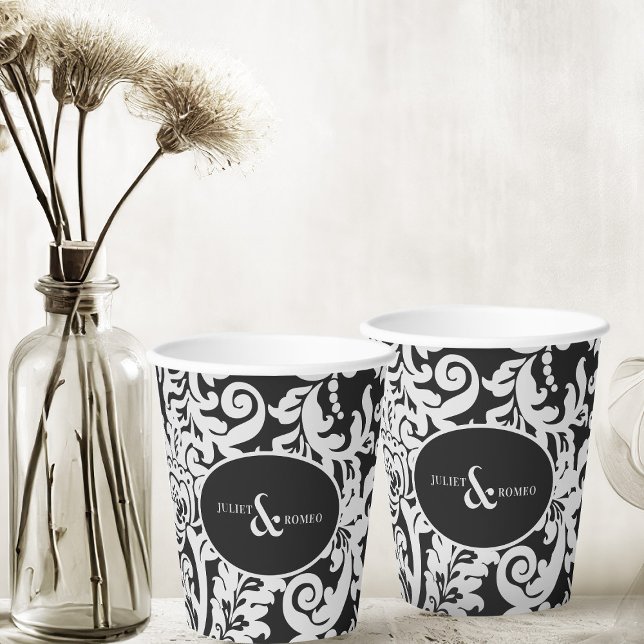 Modern Black & White Elegant Floral Damask Wedding Paper Cups (elegant black and white paper cups for wedding)