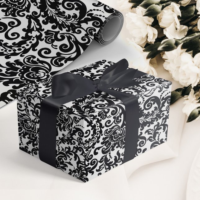 Modern Black & White Elegant Floral Damask Wedding Wrapping Paper (elegant black and white floral damask wedding wrapping paper)