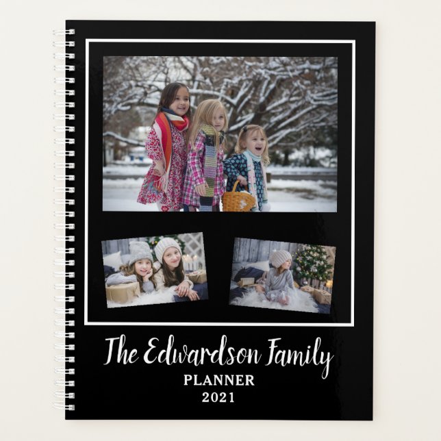 Modern black white family photo collage 2021 planner (Front)