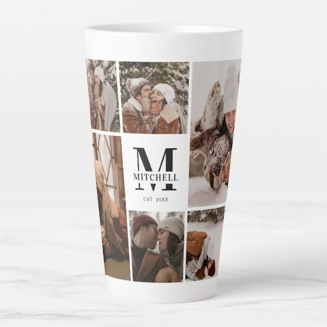 Modern Black & White Family Photo Collage Keepsake Latte Mug (Front)