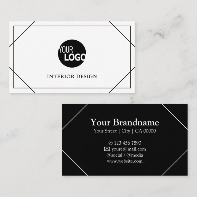 Modern Black White Fine Thin Frame Lines with Logo Business Card (Front/Back)