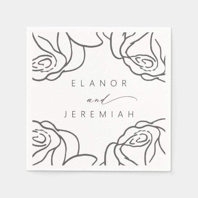 Modern Black White Floral Calligraphy Wedding Napkin (Front)