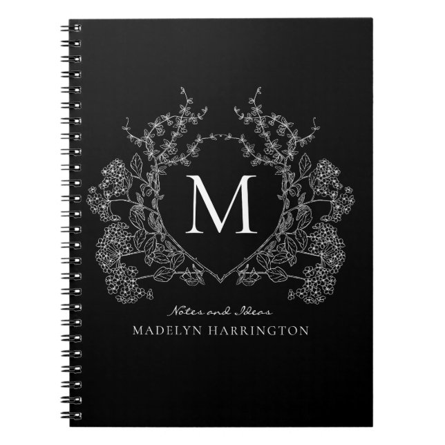Modern Black White Floral Crest Monogram Notebook (Front)
