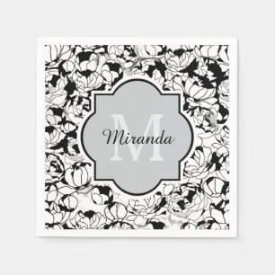 Modern Black White Floral Girly Monogram With Name Napkin