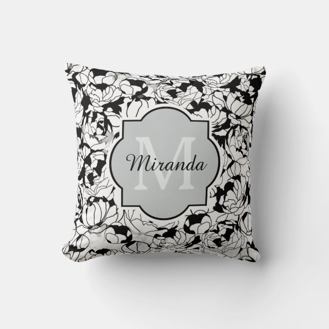 Modern Black White Floral Girly Monogram With Name Throw Pillow (Front)
