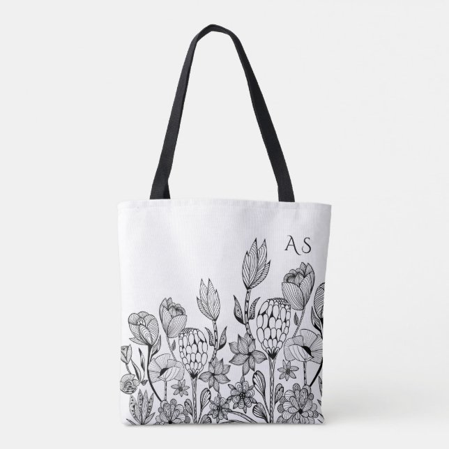 Modern black white floral graphic art monogram tote bag (Back)