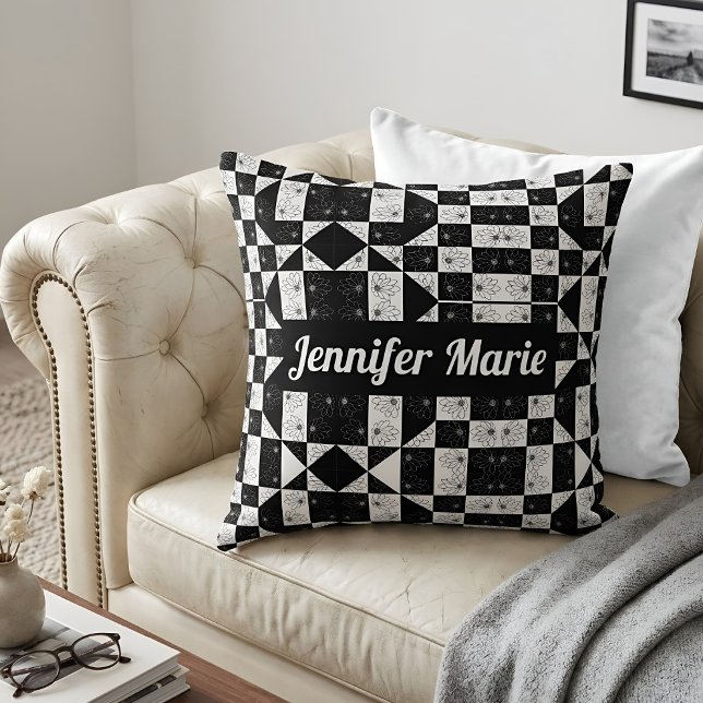Modern Black & White Floral Pattern Custom Name Throw Pillow (Creator Uploaded)
