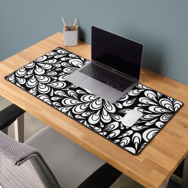 modern black & white  floral patterned  desk mat (Office 2)