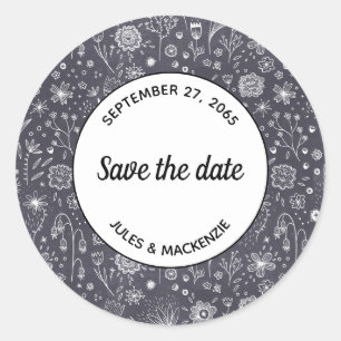 Modern Black White Floral Save the Date Wedding Classic Round Sticker