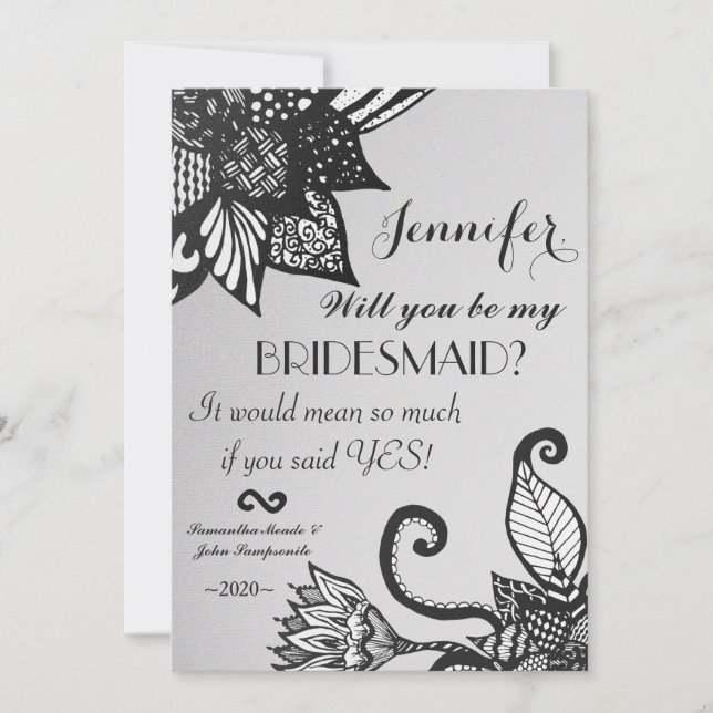 Modern Black & White Floral Tangle Drawing Pattern Invitation (Front)