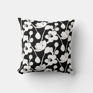 Modern Black White Floral Throw Pillow