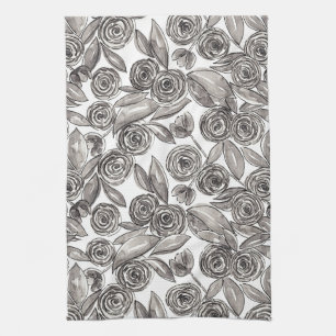 Modern Black White Floral Watercolor Pattern Kitchen Towel