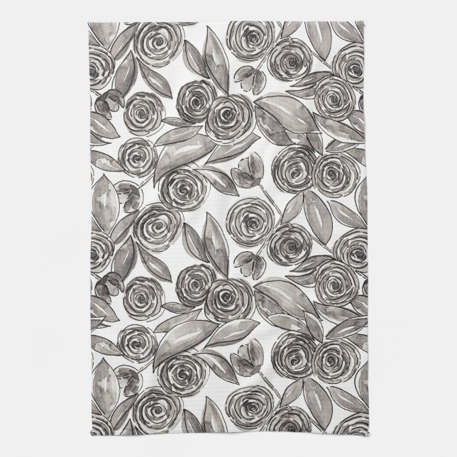 Modern Black White Floral Watercolor Pattern Kitchen Towel (Vertical)