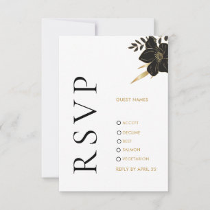 Modern Black White, Floral Wedding RSVP Photo Card