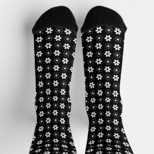 Modern Black & White Flower Pattern on Black Socks