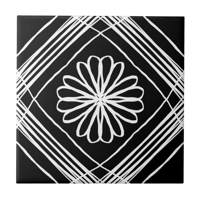 Modern Black White Flower Pattern Tile (Front)