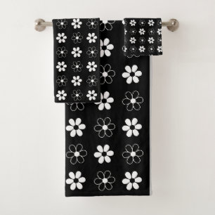 Modern Black & White Flowers on Black Bath Towel Set