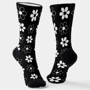 Modern Black & White Flowers on Black Socks