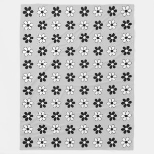 Modern Black & White Flowers on Light Silver Grey Fleece Blanket