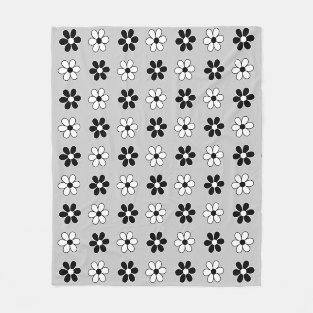 Modern Black & White Flowers on Light Silver Grey Fleece Blanket (Front)