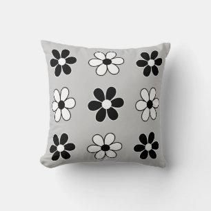 Modern Black & White Flowers on Light Silver Grey Throw Pillow