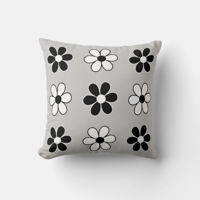 Modern Black & White Flowers on Light Silver Grey Throw Pillow (Front)