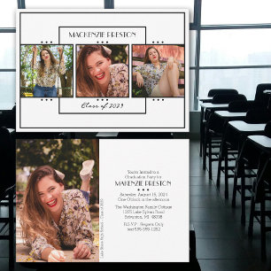 Modern Black White Four Photo Grad Party Invitation