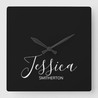 Modern Black White Full Name Elegant Minimal  Square Wall Clock