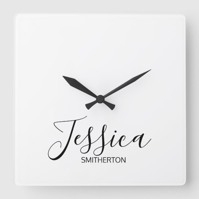 Modern Black White Full Name Trendy Stylish Square Wall Clock (Front)