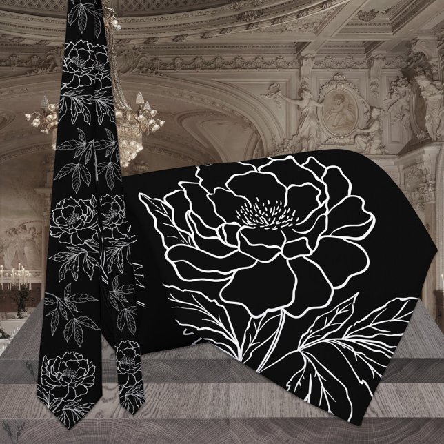Modern Black & White Garden Peony Wedding Tie (Creator Uploaded)