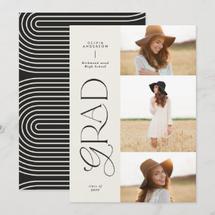 Modern black white geometric 3 photo graduation announcement