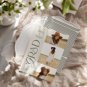 Modern black white geometric 3 photo graduation announcement