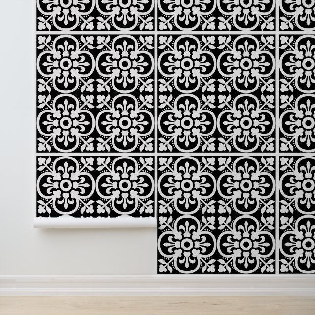 Modern Black White Geometric Fleur Du Lys Wallpaper (Application)