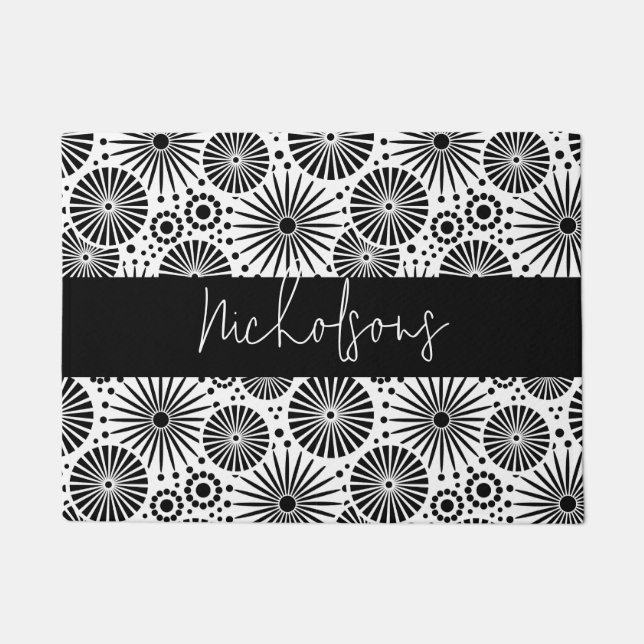 Modern black white geometric floral Family Name  Doormat (Front)
