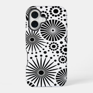 Modern Black White Geometric Flowers Starburst iPhone 16 Case