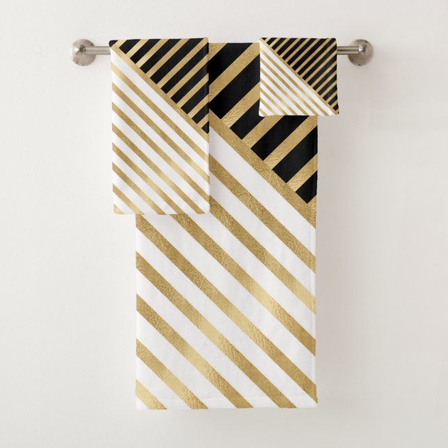 Modern Black White Geometric Gold Stripes Bath Towel Set (Insitu)