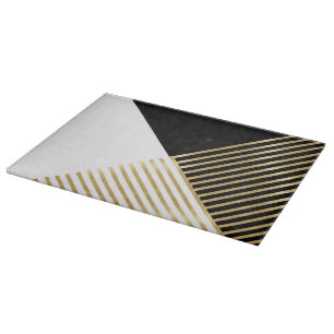 Modern Black White Geometric Gold Stripes Cutting Board