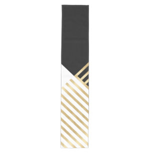 Modern Black White Geometric Gold Stripes Medium Table Runner