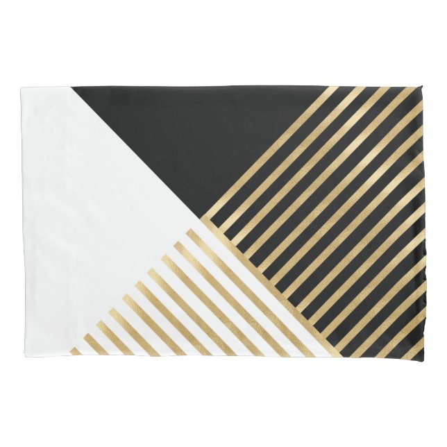 Modern Black White Geometric Gold Stripes Pillowcase (Front-Left)