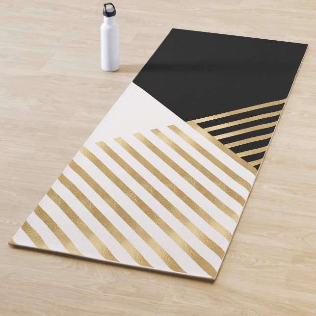 Modern Black White Geometric Gold Stripes Yoga Mat (In Situ)