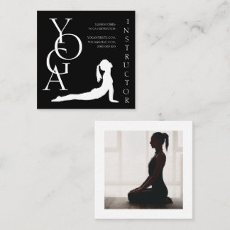 Modern Black White Geometric Photo Yoga Instructor Square Business Card