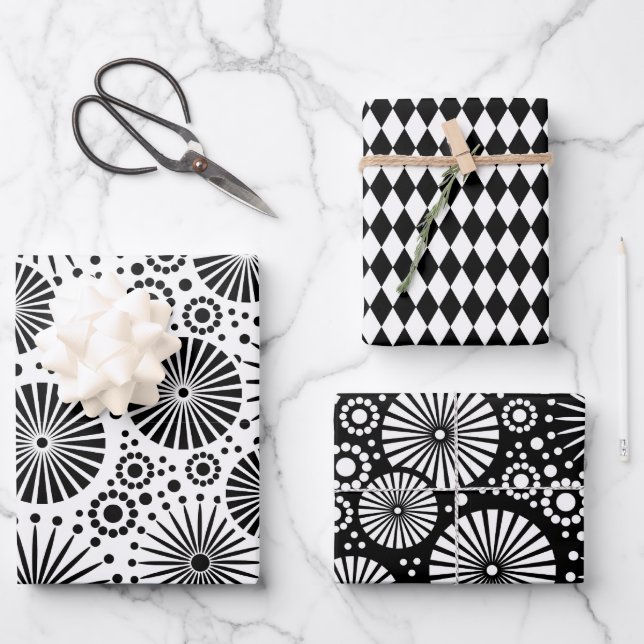 Modern Black White Geometric Starburst Harlequin Wrapping Paper Sheet (Front)
