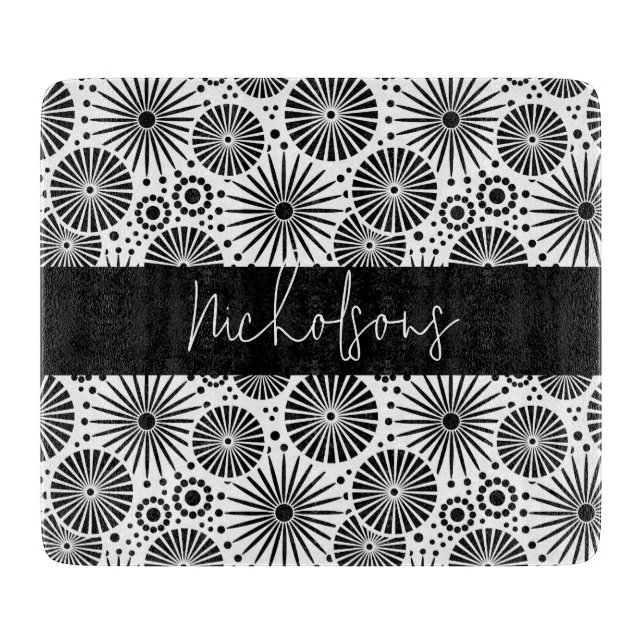 Modern black white geometric starburst Name  Cutting Board (Front)