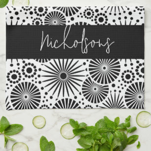 Modern black white geometric starburst Name Kitchen Towel