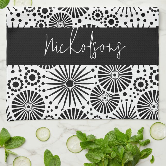 Modern black white geometric starburst Name  Kitchen Towel (Folded)