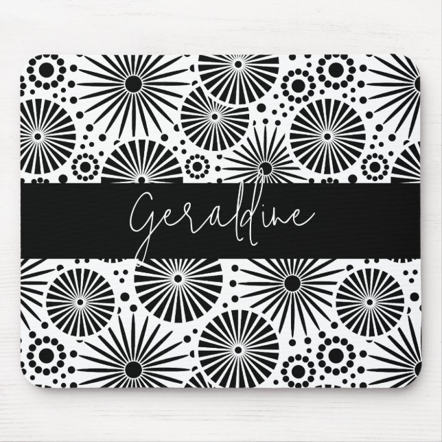 Modern black white geometric starburst Name  Mouse Pad (Front)