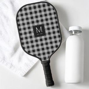 Modern Black & White Gingham Monogram Established Pickleball Paddle