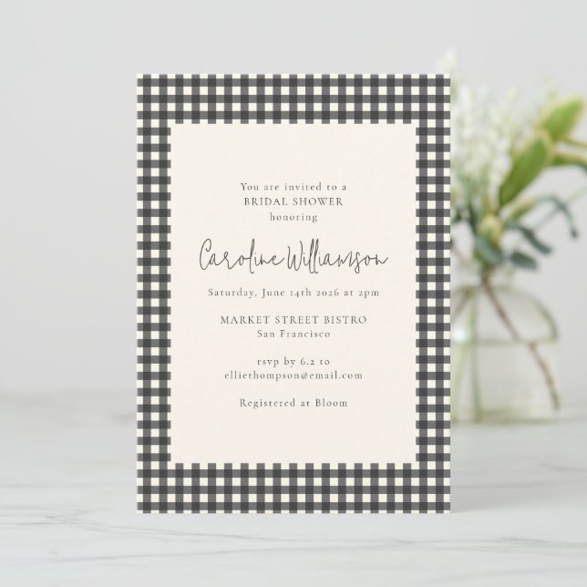 Modern Black White Gingham Plaid Bridal Shower Invitation (Standing Front)