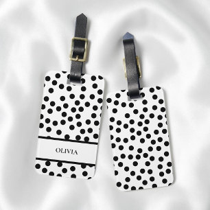 Modern Black White Girly Personalized Polka Dot Luggage Tag