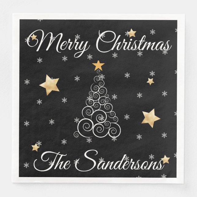 Modern Black  white  gold Christmas Wave tree   Napkin (Front)